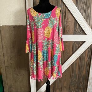 Simply Southern Multicolored Cold Shoulder Pineapple Print Tassel Dress Size Med